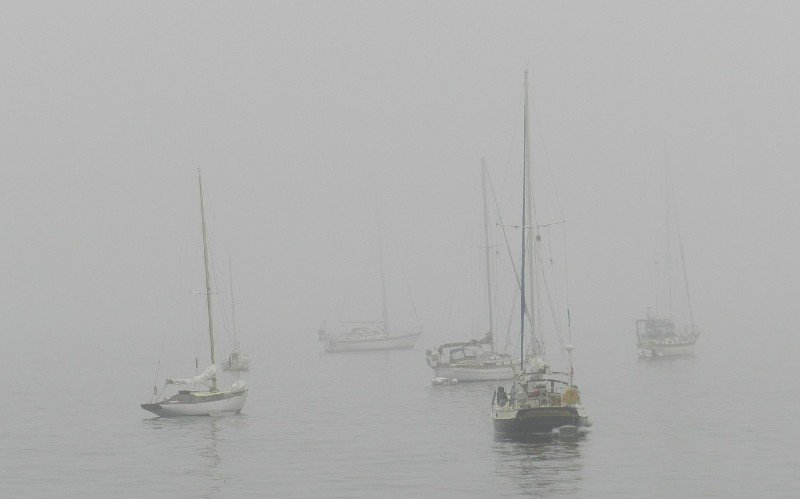 powerboat underway in the fog