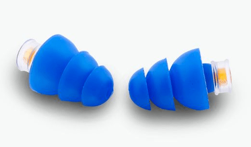 Two blue earplugs on white background